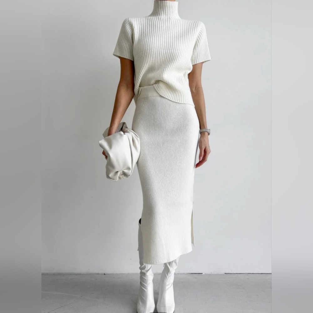 Commence Official Solid High Neck Split Ribbed Knit Two Pieces Skirt Set